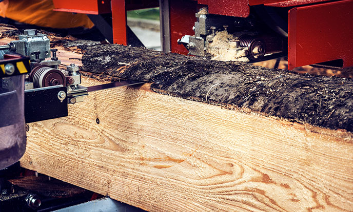 Power saw cuts bark off lumber